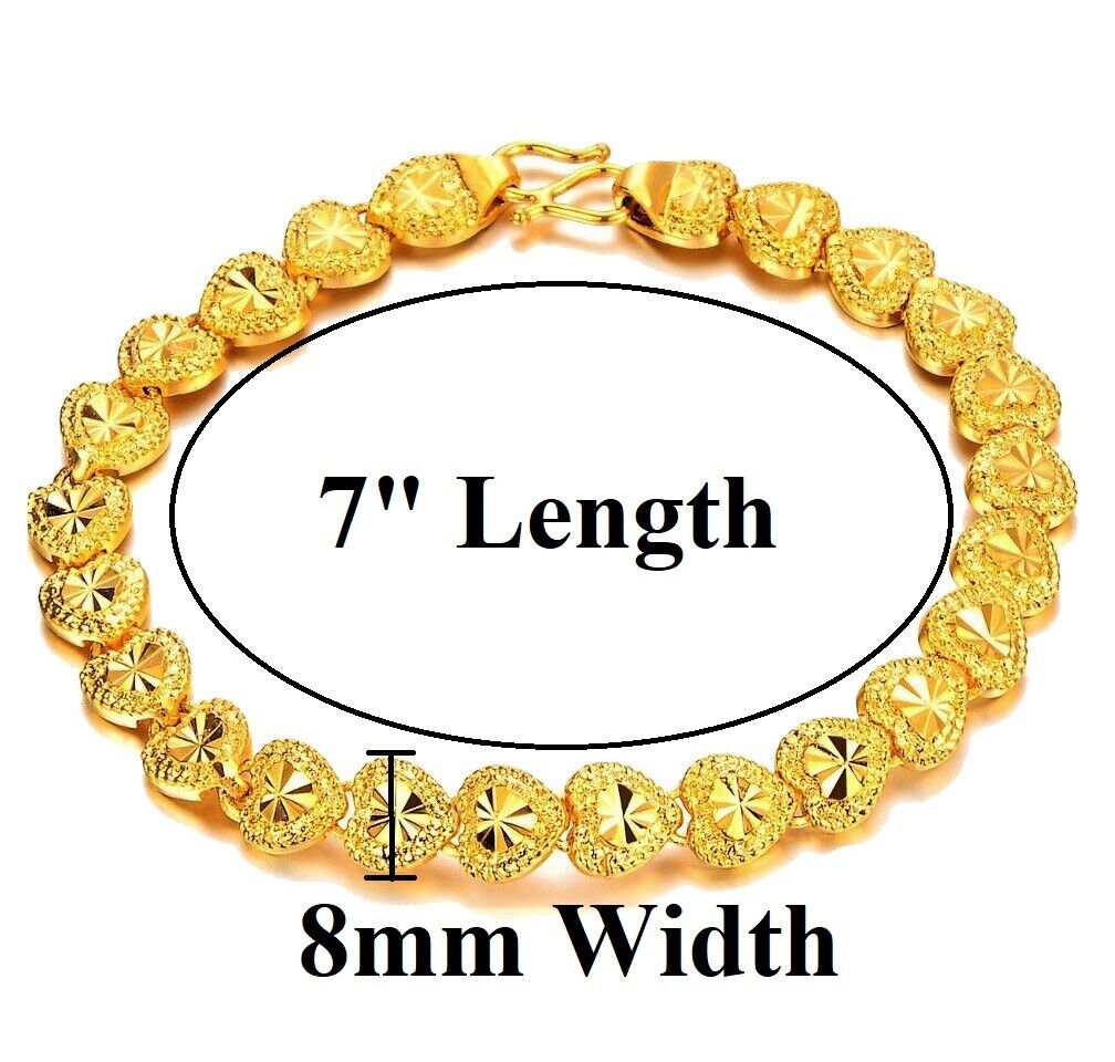 24k Gold Linked Hearts Chain Bracelet Women's Small 7" w Gift Pkg D149