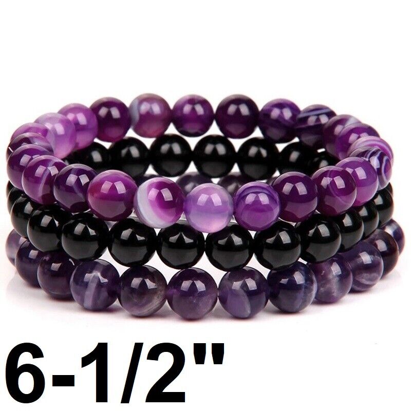 3 PcSet Womens Amethyst Black Onyx Purple Agate 6.5" 7" 7.5" Bracelets