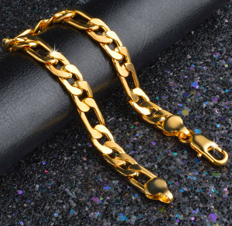 18k Gold Bracelets Men's Bold Figaro Style Cuban Link GF Chain w Gift Pkg D471