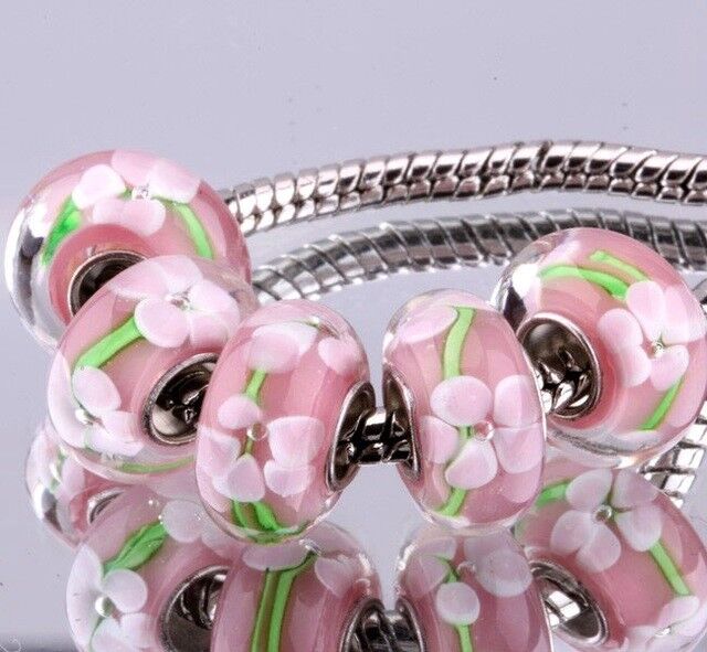 925 Sterling Silver Bracelet And 5 Pink & White Floral Murano European Beads D92