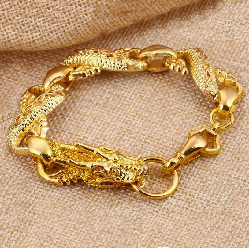 18k Yellow Gold Dragon Mens Womens Bracelet 10mm Width Link Chain wGiftPkg D215