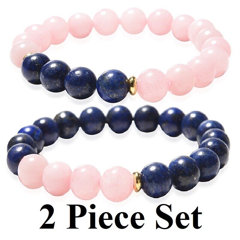 2 PcSet 14K Gold Women's Natural Rose Quartz Lapis Lazuli Stretch Bracelet 828