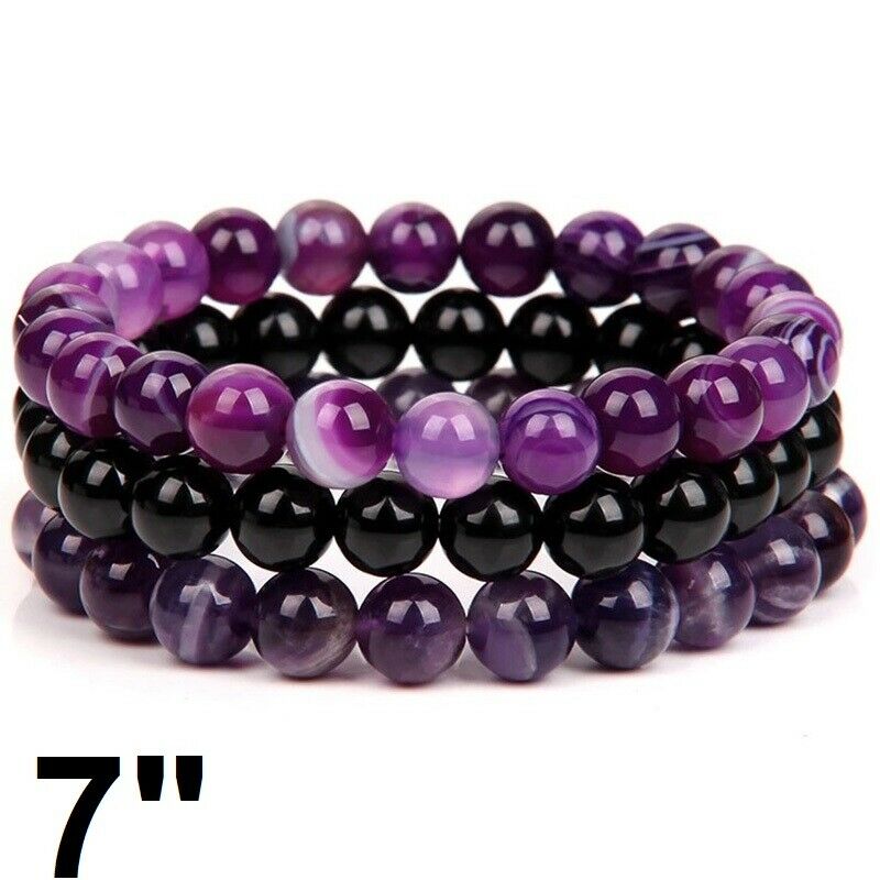 3 PcSet Womens Amethyst Black Onyx Purple Agate 6.5" 7" 7.5" Bracelets