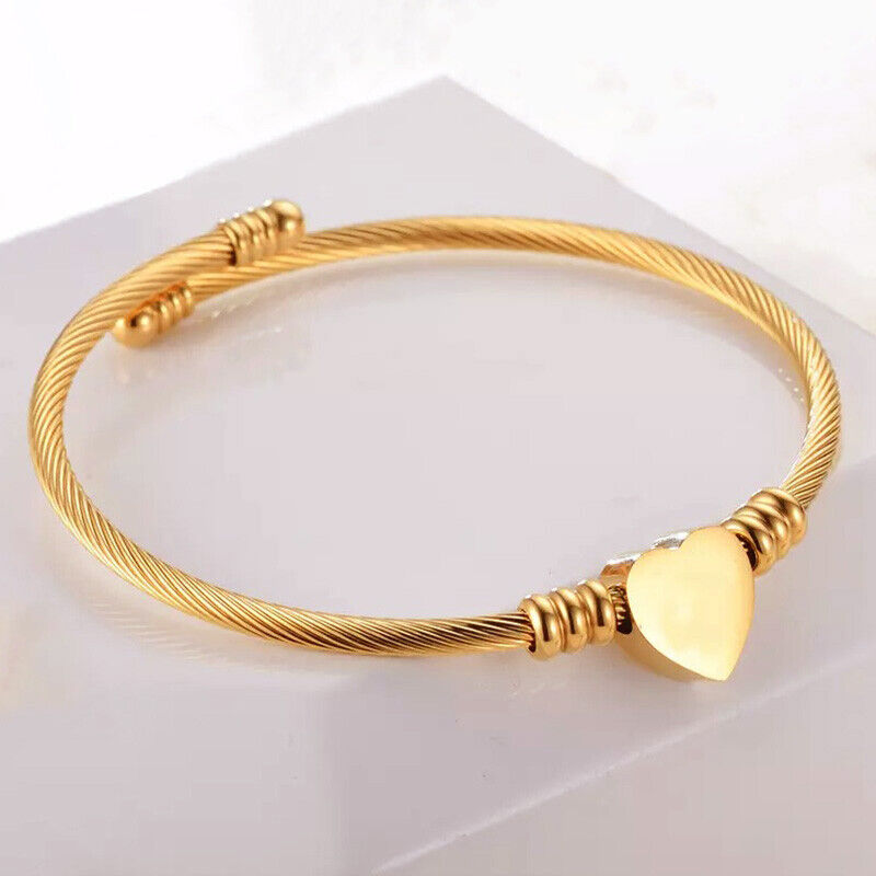 Valentines 24k Gold Heart Womens Large Adjust 7.5" To 8" Bracelet Bangle D998