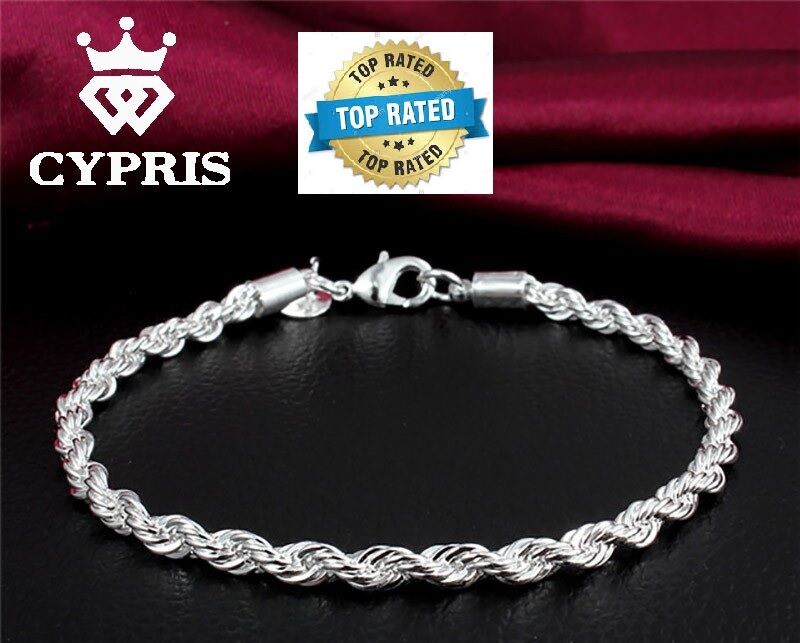 925 Sterling Silver Women's Wide 4mm Rope Link Chain Bracelet Bangle D184