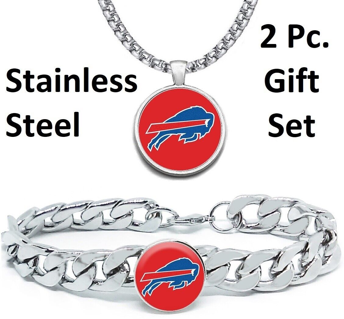 Large Buffalo Bills Mens Gift Set Stainless 24" Necklace Bracelet D4D30