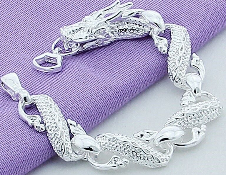 925 Sterling Silver Bracelet Mens Women Large 8-3/4" Long Dragon Link Chain D502