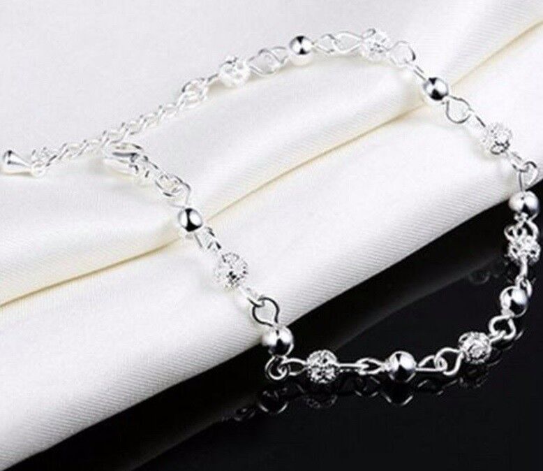 3 Pc. Lot 925 Sterling Silver Chain Beaded Adjustable Anklet Ankle Bracelet D578