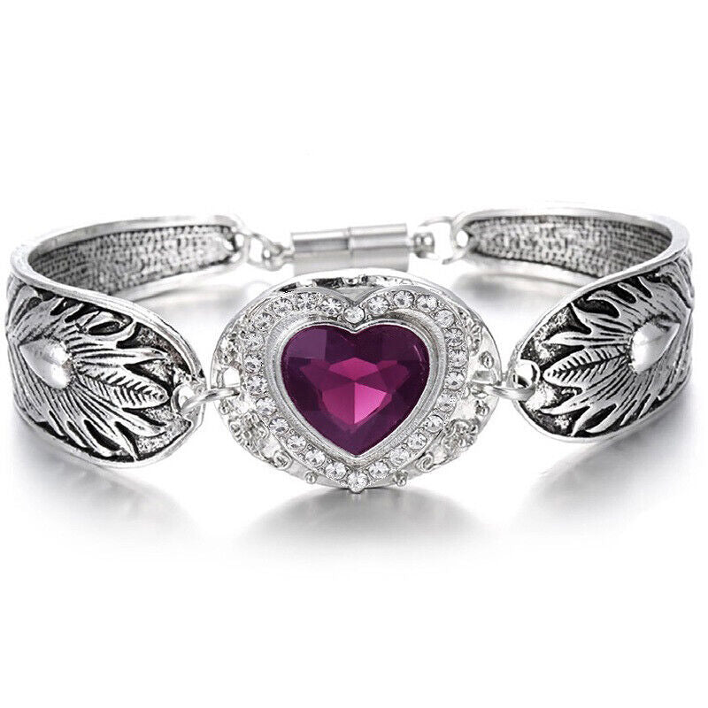 Amethyst Heart Women's Sterling Silver Bracelet Bangle w Magnetic Clasp D3