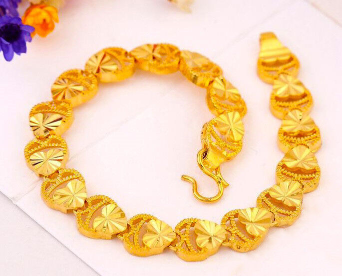 24k Yellow Gold Link Linked Chain Hearts Womens 7.5" Bracelet w GiftPkg D558