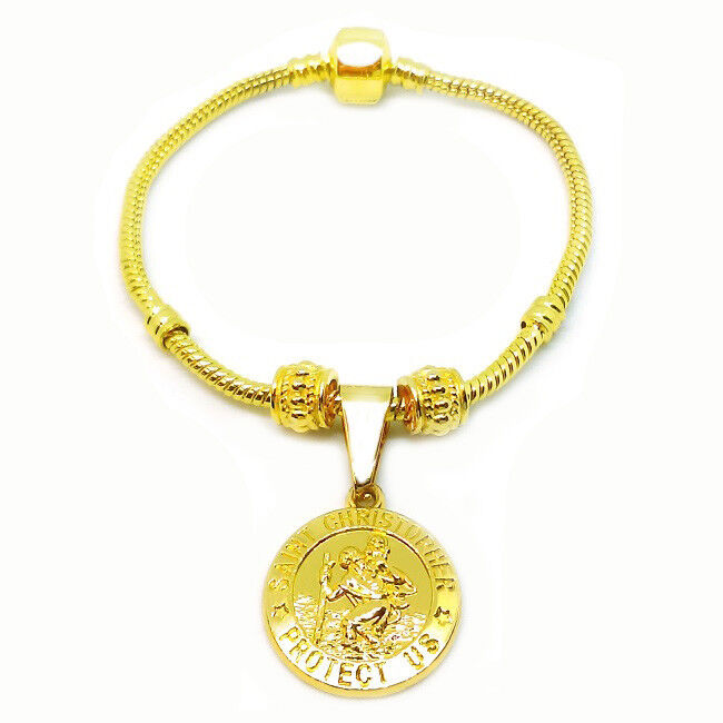 24k Yellow Gold Womens Snake Chain Bracelet Bangle - Saint Christopher + GiftPkg