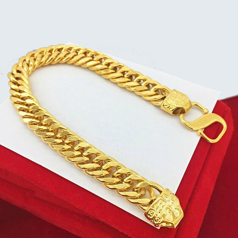 18k Yellow Gold 8-1/4" 8.25" Mens Wide 8mm Cuban Curb Link Chain Bracelet