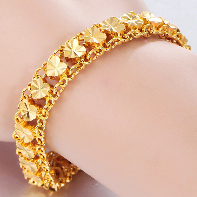 24k Yellow Gold Elegant 7-1/2" Linked Hearts Chain Womens Bracelet w GiftPk D741