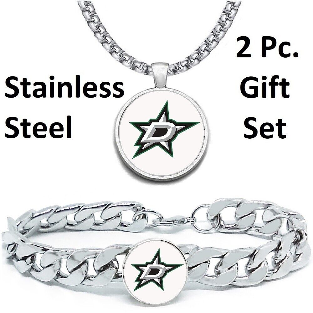 Large Dallas Stars Mens 2 Pc Gift Set Hockey  Necklace With Bracelet D4D30