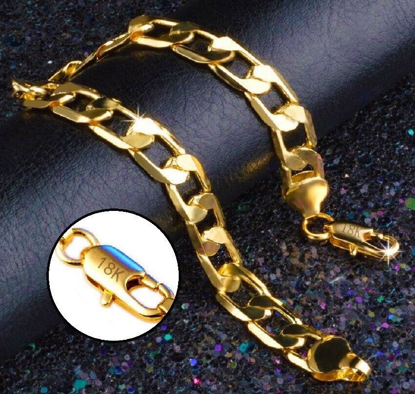 18k Yellow Gold Men's Stylish Wide Curb Link Chain Bracelet w Gift Pkg D9631