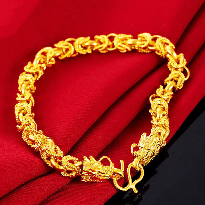 24k Yellow Gold Mens Womens 10mm Wide Dragon Link Chain Bracelet w Gift Pg