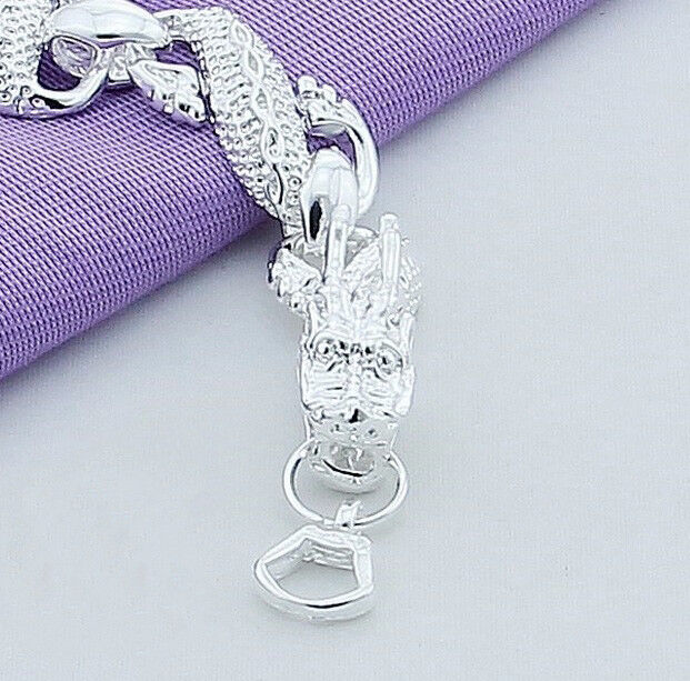 925 Sterling Silver Bracelet Mens Women Large 8-3/4" Long Dragon Link Chain D502