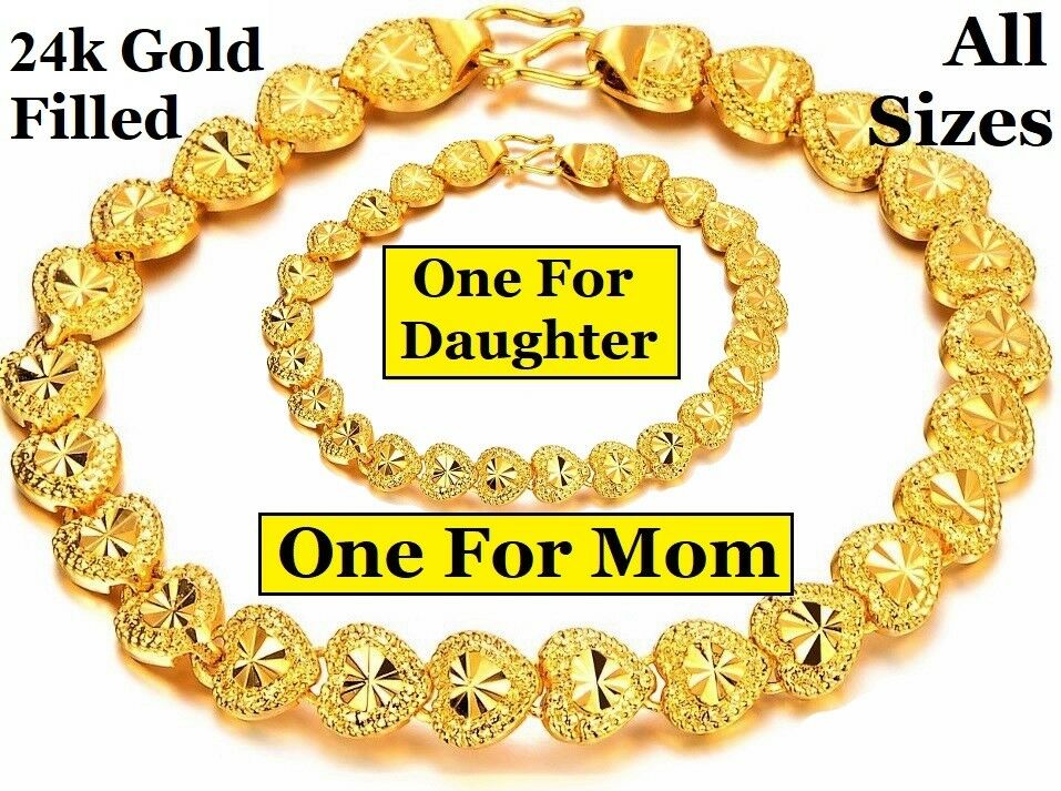 2 Pc Set Mother Daughter 24k Yellow Gold Linked Chain Hearts Bracelet +Gift D149