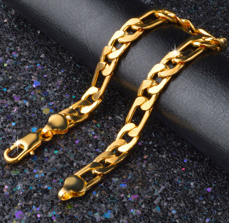 18k Gold Bracelets Men's Figaro Wide Cuban Chain Link +Gift Pouch D471