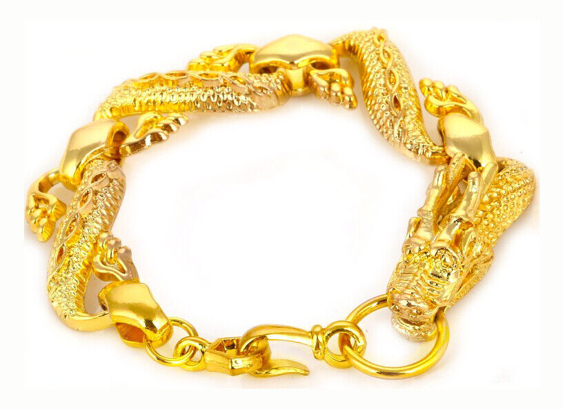 18k Yellow Gold Dragon Mens Womens Bracelet 10mm Width Link Chain wGiftPkg D215