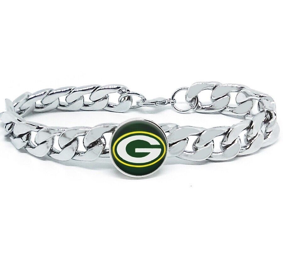 Green Bay Packers Silver Mens Curb Link Chain Bracelet Football Gift D4-1