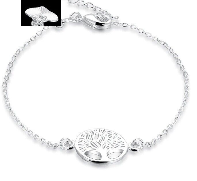 925 Sterling Silver Tree Of Life Heart Women's Anklet Bracelet Link Chain D706