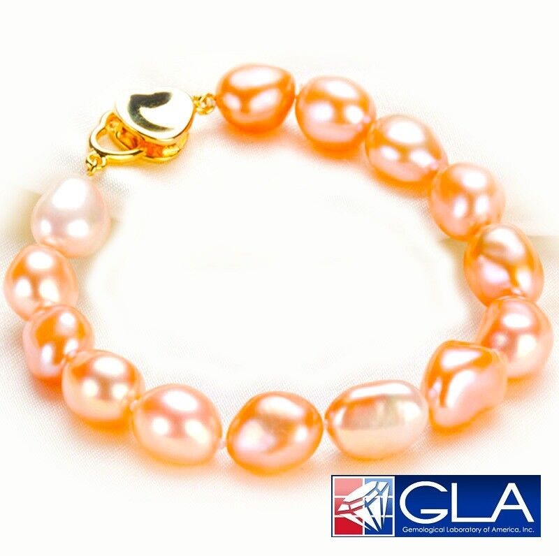 18k Yellow Gold And Pink Akoya Cultured 9-10MM Baroque Pearl Bracelet AAA D605