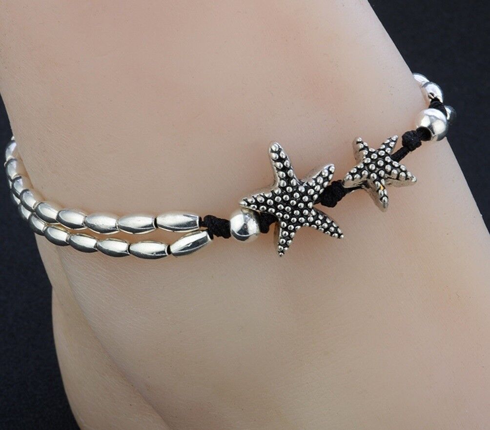 Women's Black Starfish Silver Beaded Chain Adjustable Anklet Ankle Bracelet D585