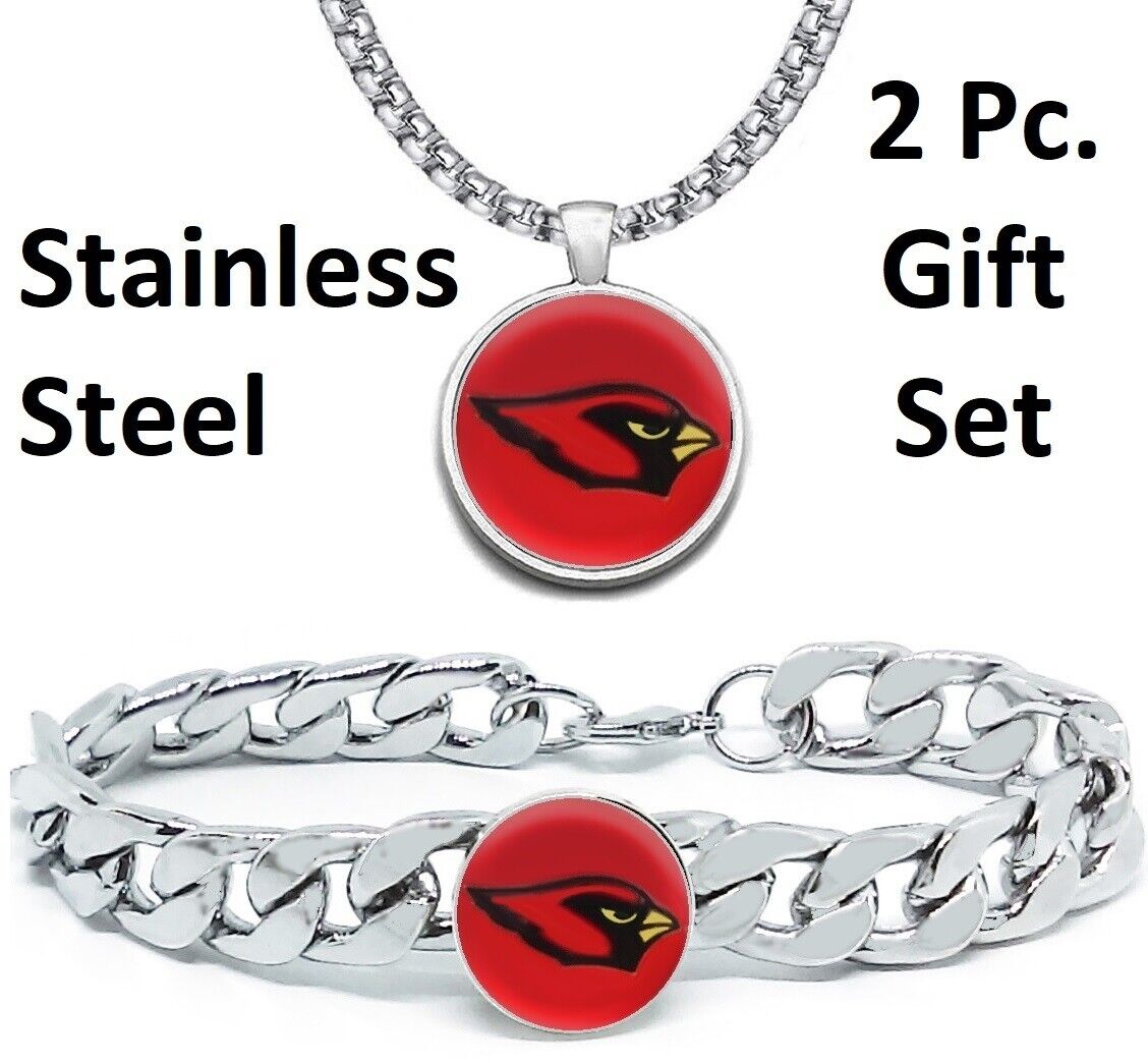 Large Arizona Cardinals Gift Set Stainless Steel 24" Necklace And Bracelet D4D30