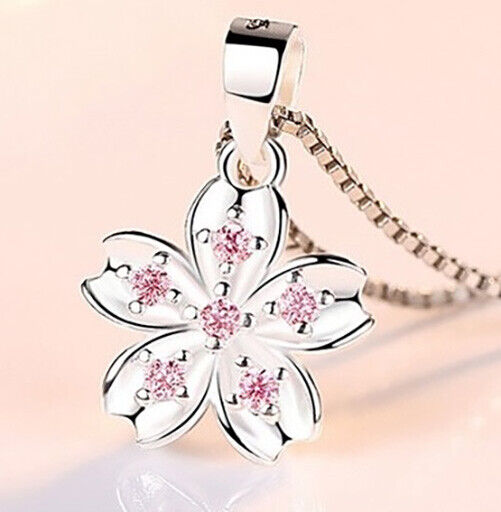 925 Sterling Silver Womens Link Chain 24" Necklace, Pink Crystal Flower D677-24