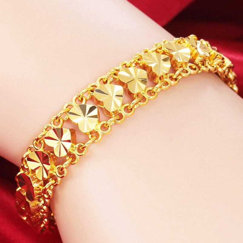 18k Yellow Gold Small 7" Bracelet Womens Elegant 10mm Linked Hearts Of Love D741