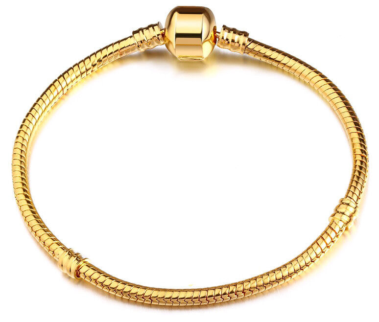 18k Yellow Gold Womens Big Large 9" Size European Snake Bracelet Big Hole Charms