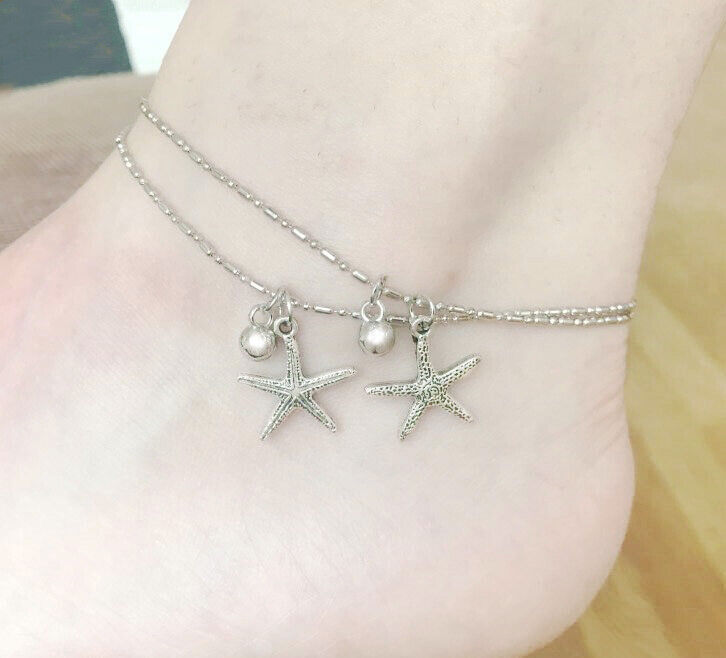 Silver Womens Dble Layer Starfish Beaded Chain Adjust Anklet Ankle Bracelet D668