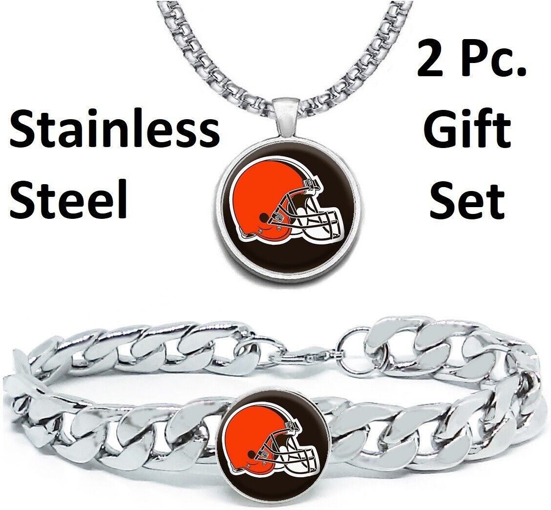 Large Cleveland Browns Mens Gift Set Stainless 24" Necklace Bracelet D4D30