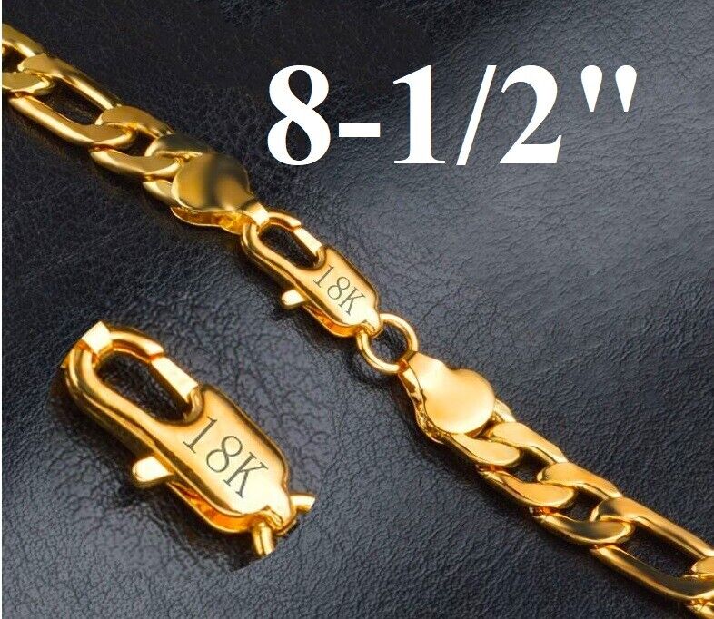 18k Gold Mens Figaro Link Chain Bracelet Large Size 7" 8.5" 9" 9.5" 10" Inch