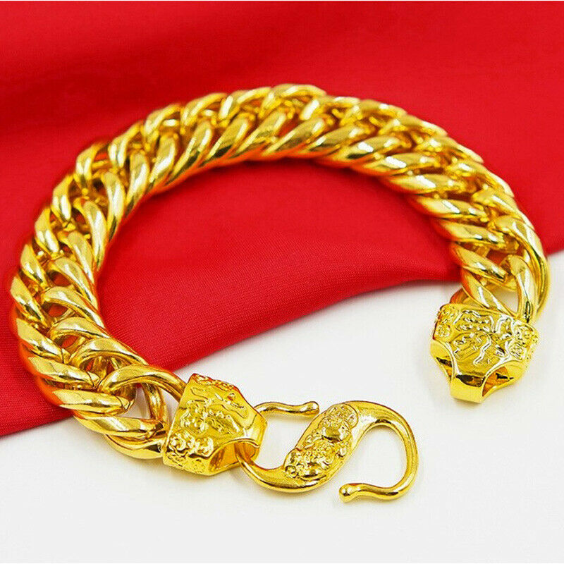 18k Gold Mens Large 8.5" 12mm Cuban Link Lucky Filled Sanskrit Bracelet D799