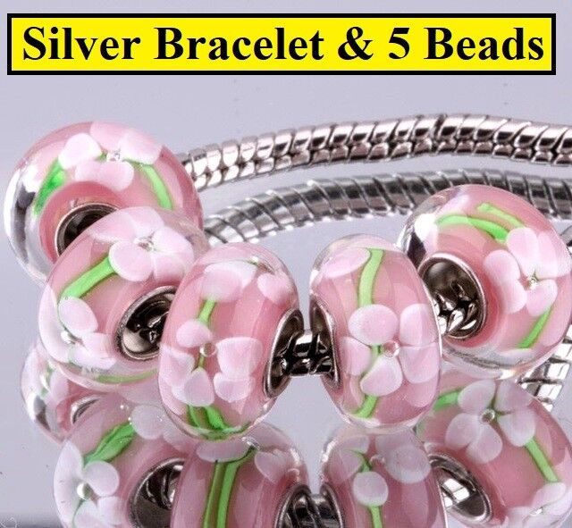 925 Sterling Silver Bracelet And 5 Pink & White Floral Murano European Beads D92