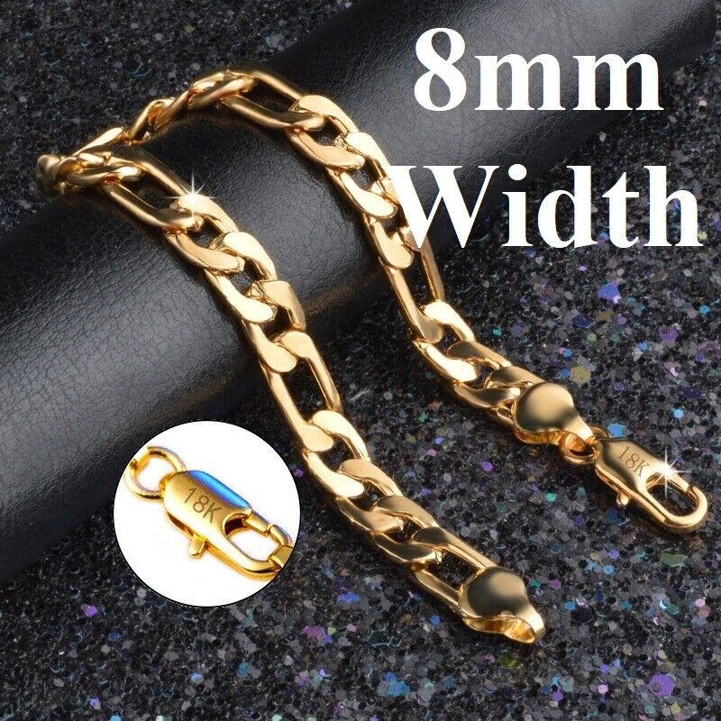 18k Yellow Gold Womens 7-1/2" Figaro Curb Link 8mm Chain Bracelet Filled D698