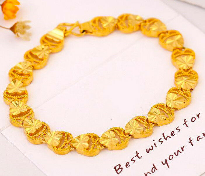 24k Yellow Gold Bracelets Womens Link Chain Hearts Large 8" 8.5" 9" D558