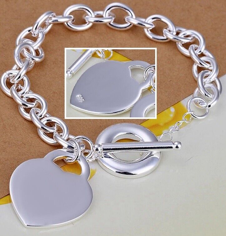 925 Sterling Silver Women's Heart Of Love T-Bar Bracelet w Gift Pkg D678C