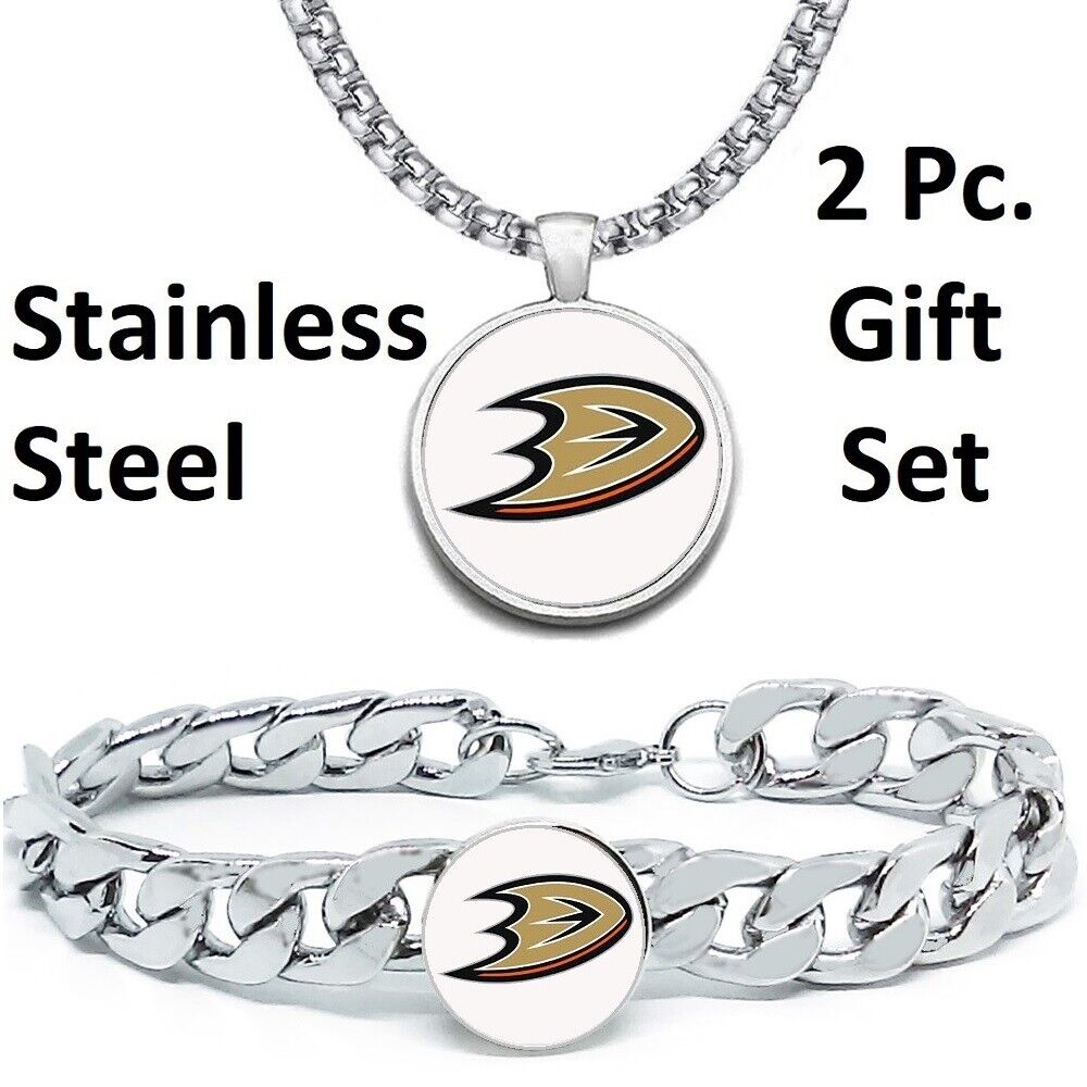 Large Anaheim Ducks Mens 2 Pc Gift Set Hockey Necklace With Bracelet D4D30