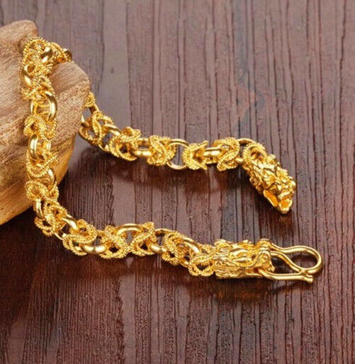 18k Yellow Gold Mens Women's Dragon 10mm Wide Link Chain Bracelet w Gift Pg D731