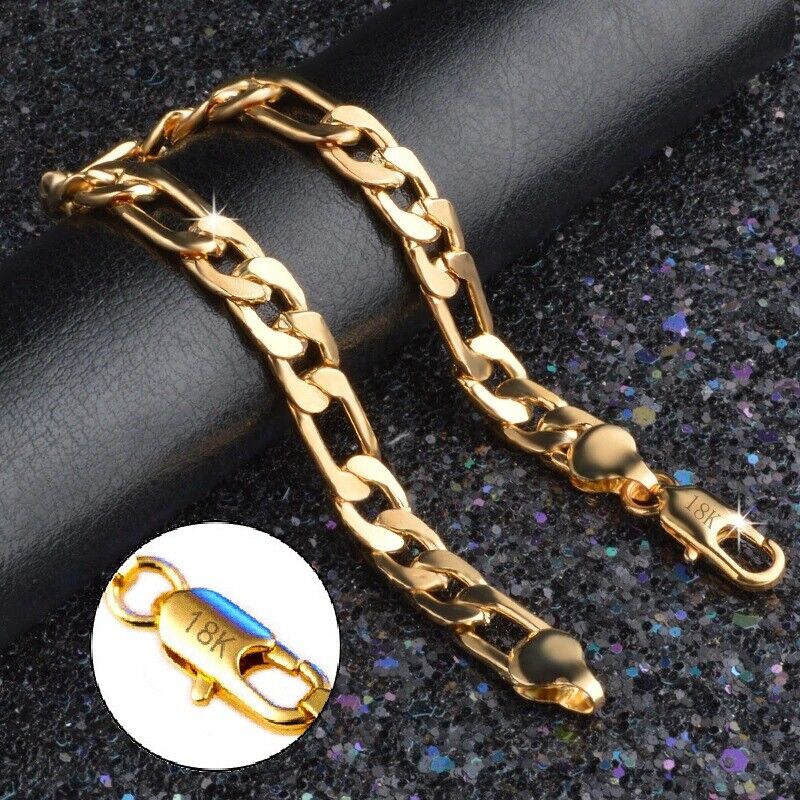 18k Yellow Gold Mens Womens Wide 8m Figaro Cuban Link Chain Bracelet Filled D698