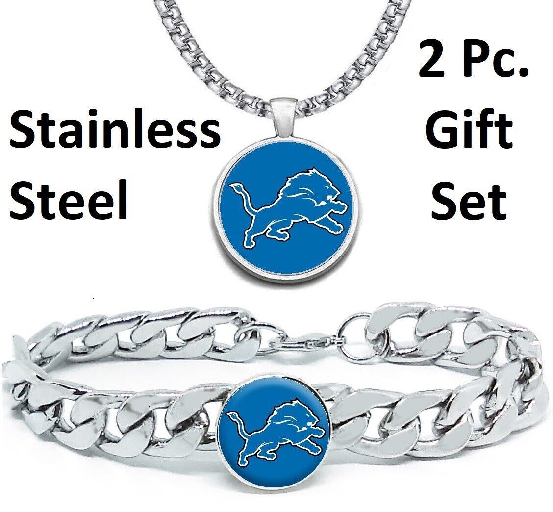 Large Detroit Lions Mens Gift Set Stainless 24" Necklace Bracelet D4D30