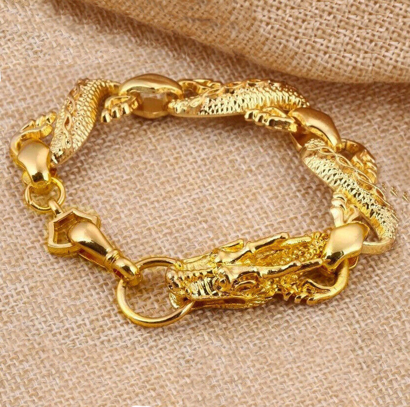 Mens Large 8-1/4" 18k Yellow Gold Dragon 10mm Link Chain Bracelet w Gift Pk D215