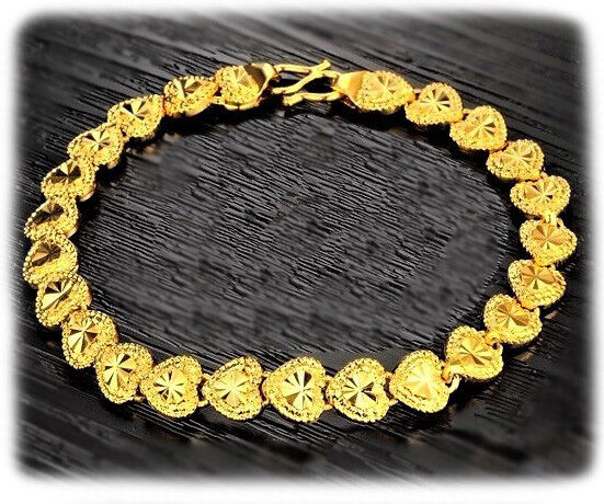 24k Yellow Gold Linked Chain Hearts Womens Bracelet Bangle Large 9" w GiftP D149