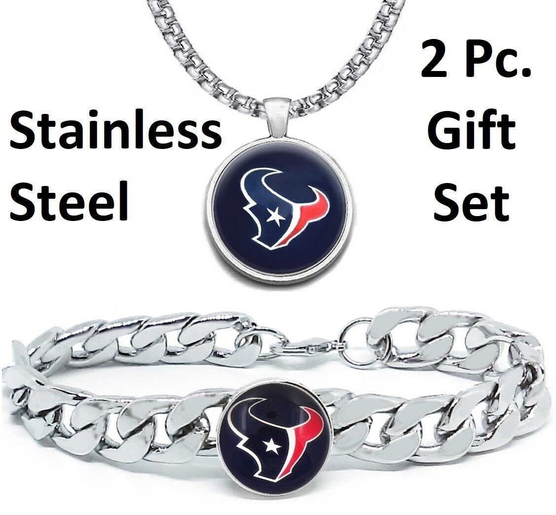 Houston Texans Mens Gift Set Stainless 24" Necklace Bracelet D4D30