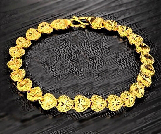 24k Yellow Gold Baby's Bracelet Bangle 5.5" Linked Chain Of Hearts D149B