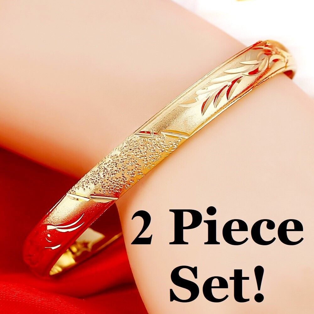 2 Pc 18k Yellow Gold Opening Design Womens Bracelets Bangle w GiftPkg D415-6-2PS