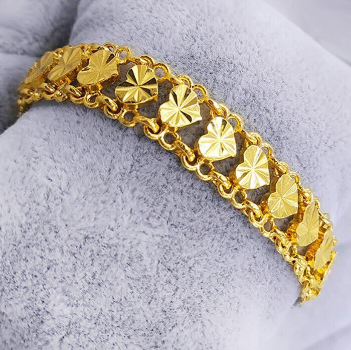 18k Yellow Gold Bracelet Womens 10mm Italian Designed Linked Hearts D9741